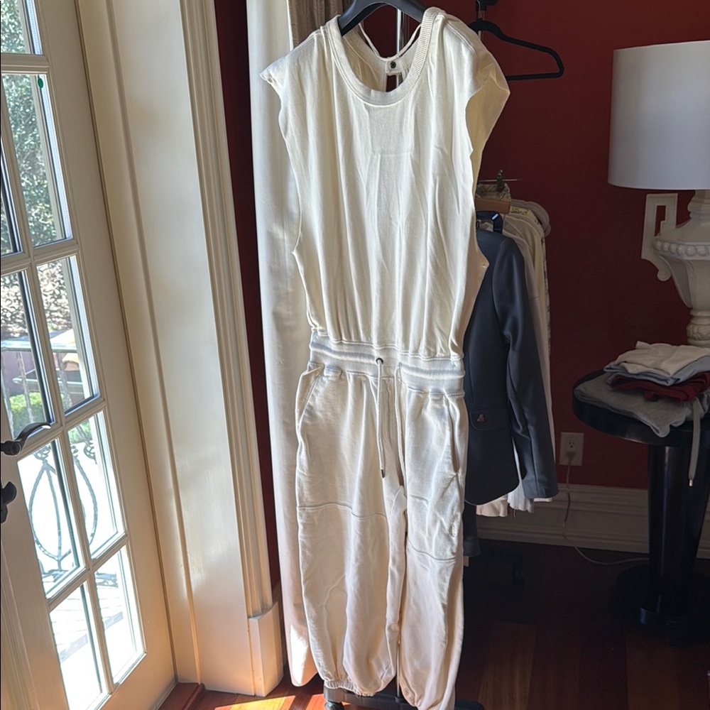 FP Movement Cream Jumpsuit with Tie Waist and Cap Sleeves